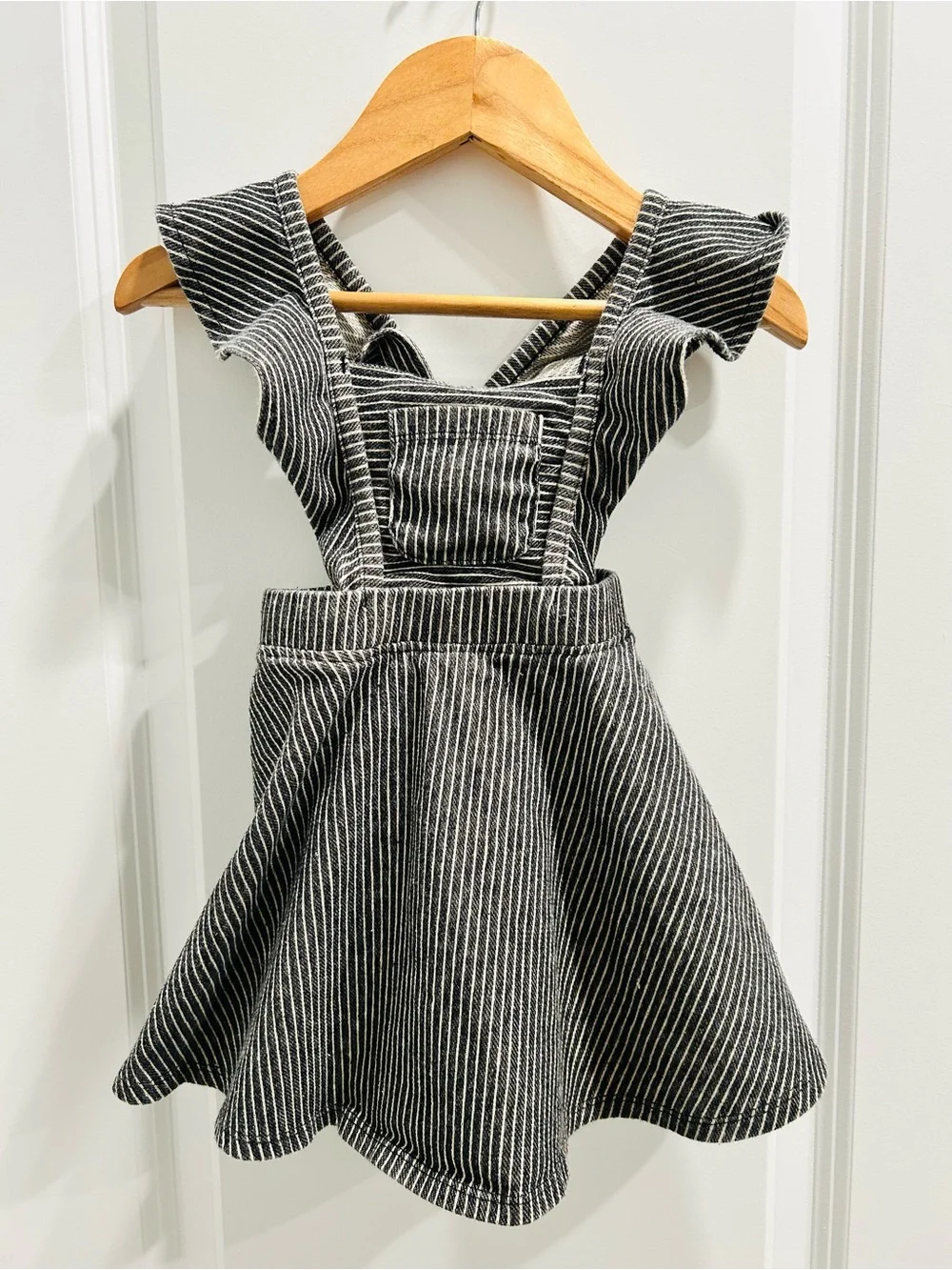 Pink Top with Black Pinstripe Ruffle Pinafore